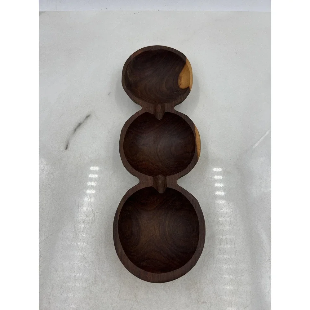 VTG Wooden Serving Tray Nut Dish Hand Carved 3 Section Live Edge Dark Wood